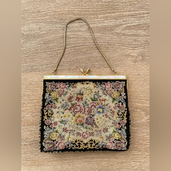 Vintage Mother Of Pearl And Tapestry Multicolor Floral Clutch Purse - Picture 2 of 5